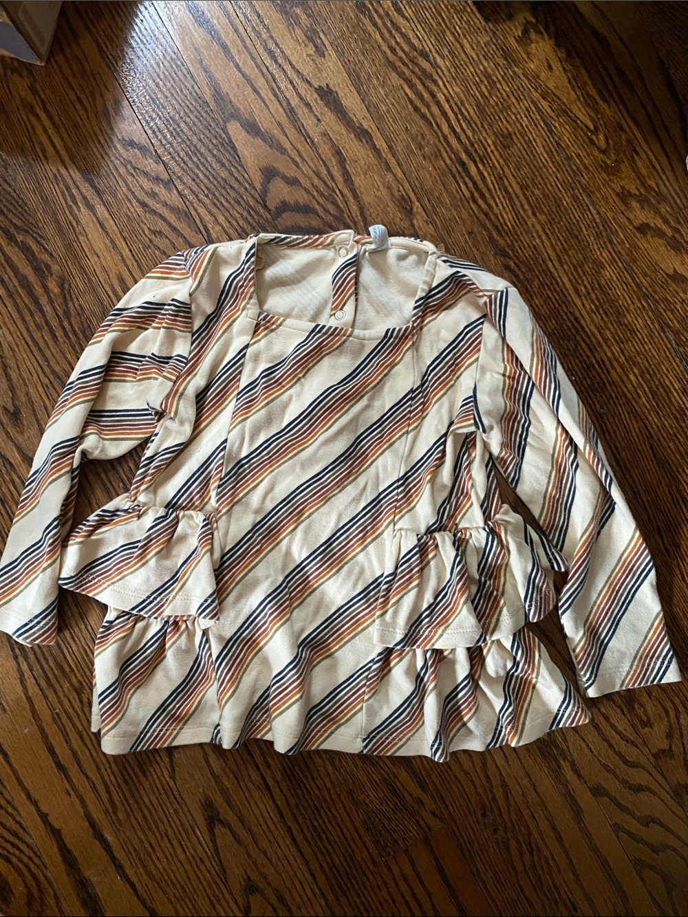 kate quinn Cream, Rust, Navy & Black Striped Ruffle Tunic